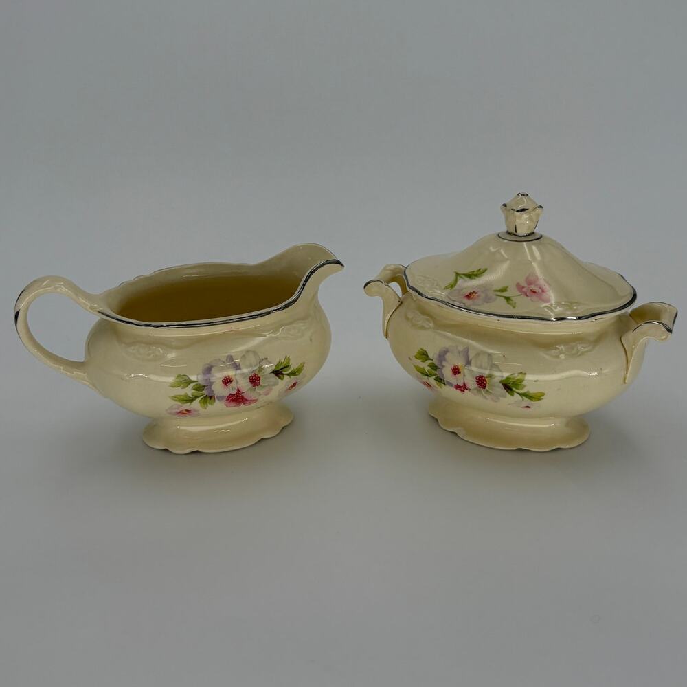 1946 Homer Laughlin Virginia Rose Cream and Sugar Bowl Set with Lid